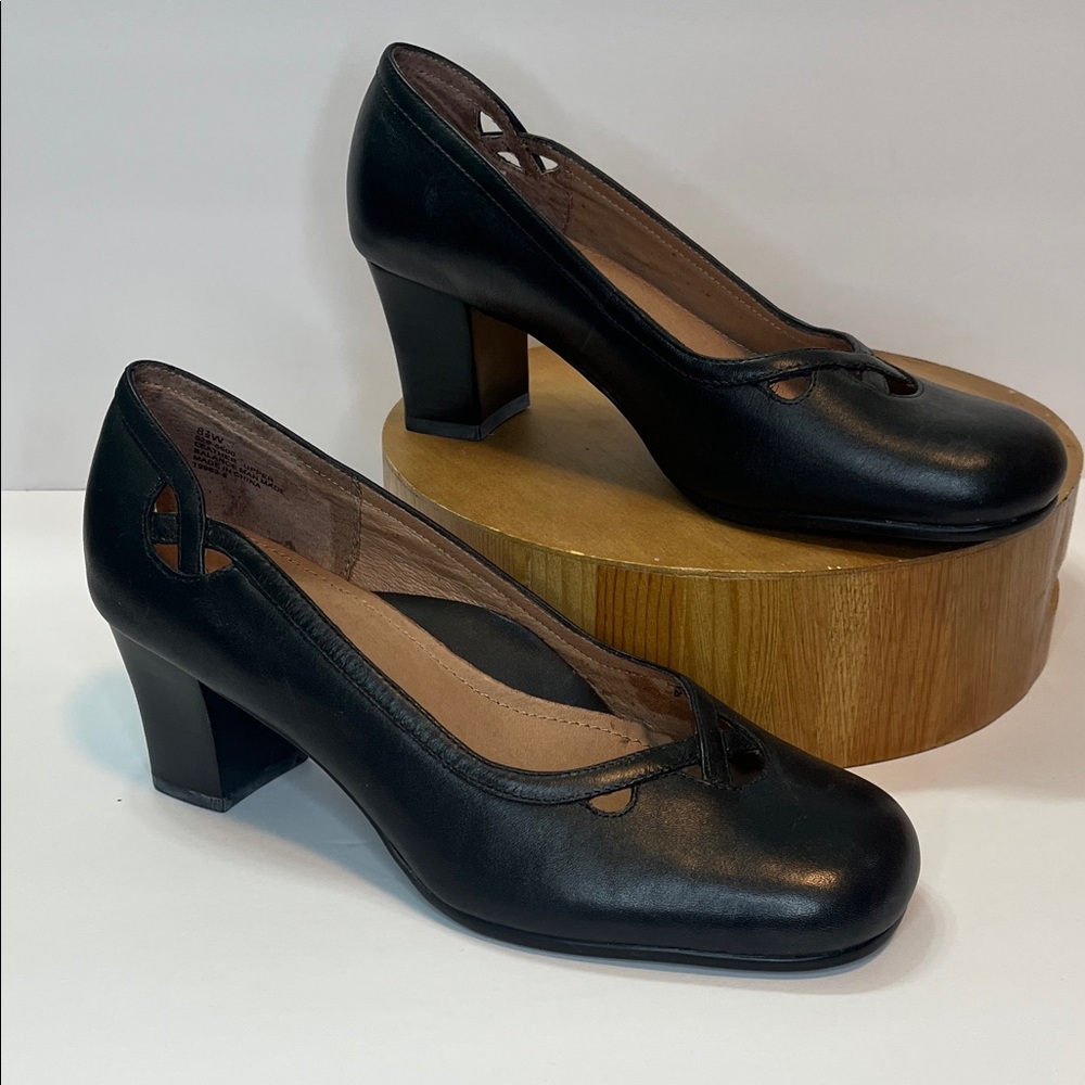 Strictly Comfort Black Leather Mid-Block Heel Pumps with Subtle Cutout Detail